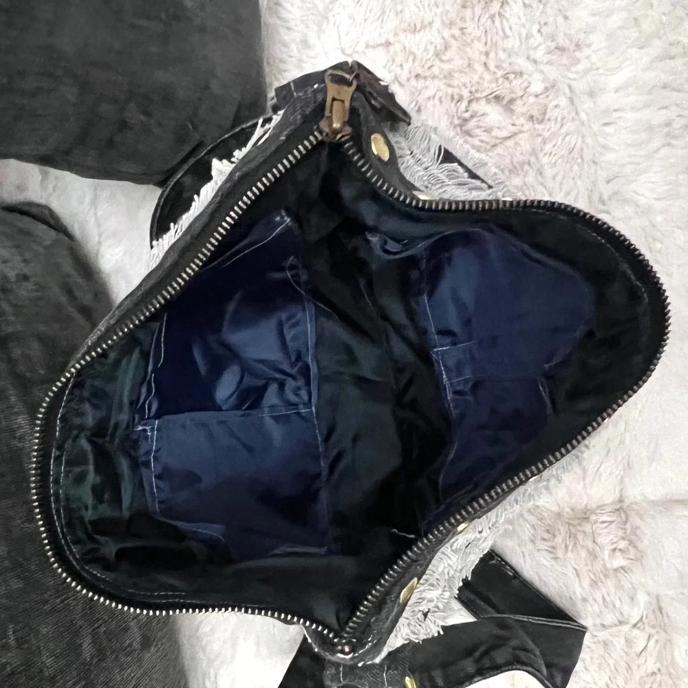 Handcrafted Purse One‎ of a Kind Fringed Denim Crossbody Bag Black White Studded